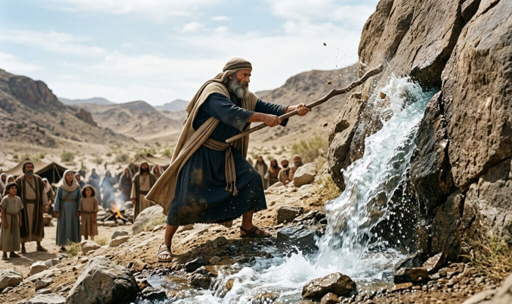 Moses striking a rock with his staff, from which water begins to flow