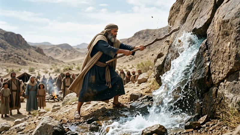 Moses striking a rock with his staff, from which water begins to flow