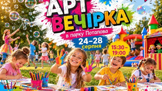 АРТ-ВЕЧІРКА у парку Потапова (біля дитячого майданчика) 24–28 СЕРПНЯ 15:30 – 19:00 (понеділок – п'ятниця)